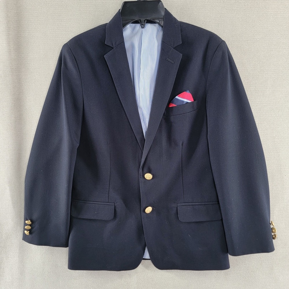 IZOD Boys Jacket Preppy Gold 2 Button Sport Coat Blazer Size 12 Navy Blue